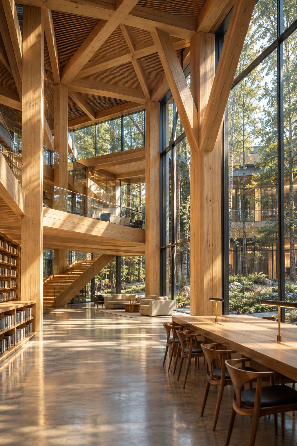 Architectural illustration of a light-filled timber atrium with tall glulam columns and an exposed structural roof